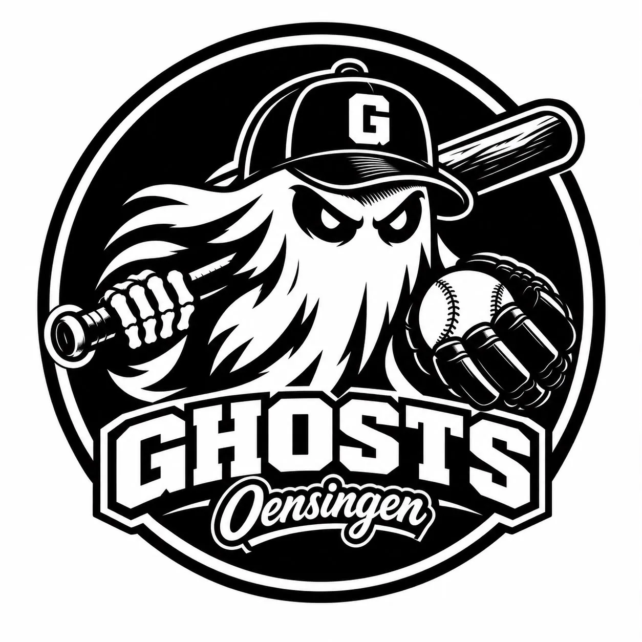 Logo der Ghosts Oensingen: ein Geist mit Baseballcap, Schläger und Handschuh.