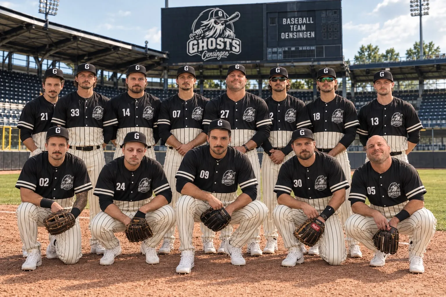 Mannschaftsfoto der Ghosts: dreizehn Spieler in schwarz-weissen Nadelstreifen-Trikots und schwarzen Caps mit «G» auf dem Baseballfeld.